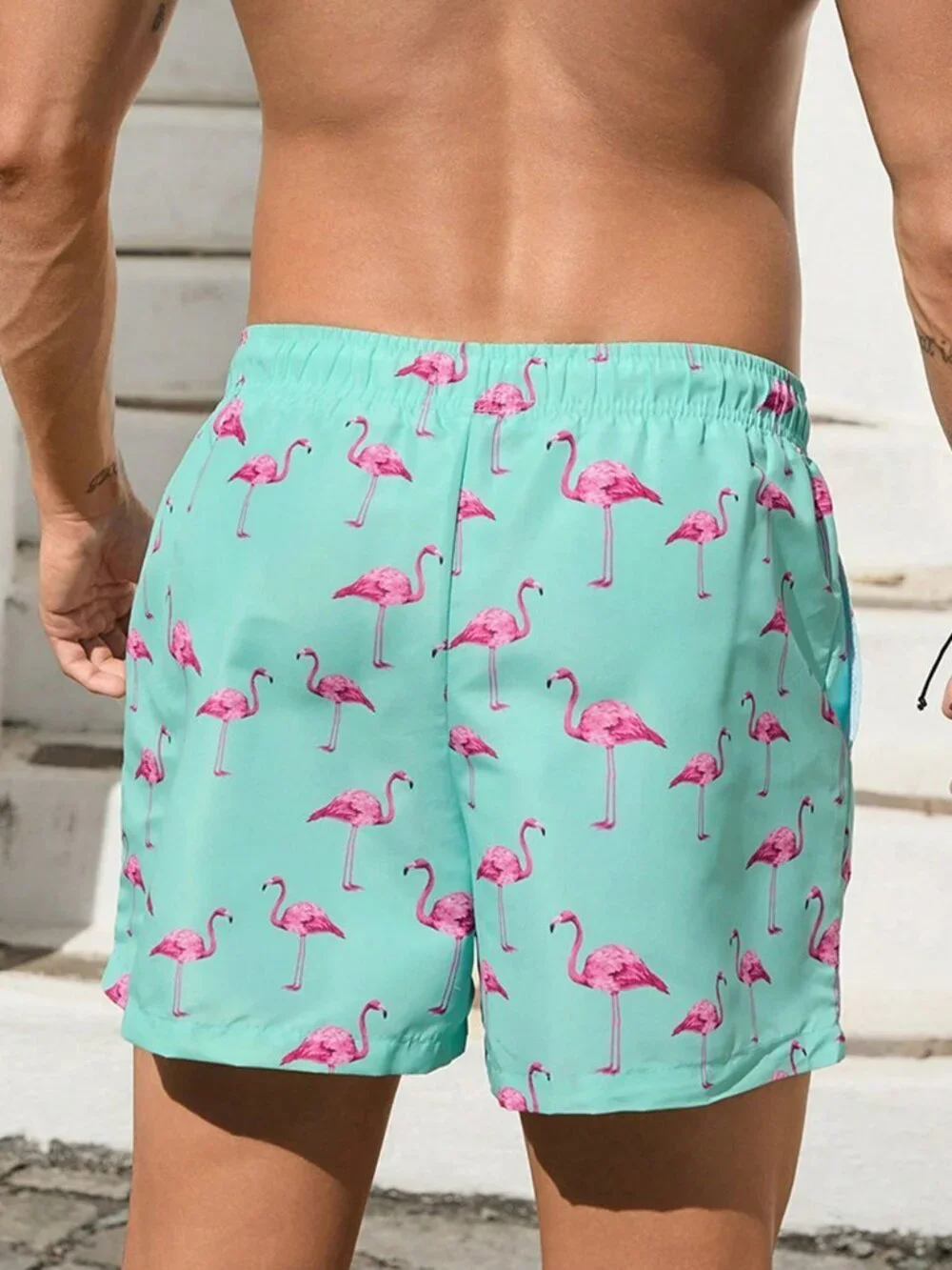 mint Green Casual Men's Swim Trunks Drawstring Stretch Flamingo Print